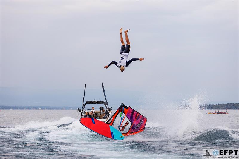 Who needs their gear to send it? Yentel Caers praying he won't hit the gear on his way down - 2021 EFPT GVA Wind Festival photo copyright EFPT taken at  and featuring the Windsurfing class