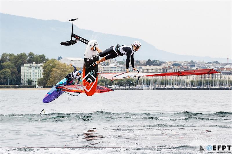 Balz Müller and Sam Esteve going for some syncro foilstyle in front of the city of Geneva - 2021 EFPT GVA Wind Festival photo copyright John Carter taken at  and featuring the Windsurfing class