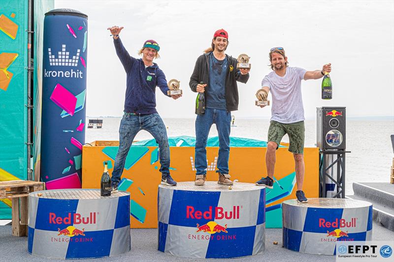 The Men's freestyle podium, from left to right - Yentel Caers, Jacopo Testa and Dieter van der Eyken - EFPT Austria 2022 photo copyright Emanuela Cauli taken at  and featuring the Windsurfing class