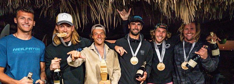 Special category winners. From the left: Miguel Chapuis (Biggest send), Adam Sims (Best new move attempt), Mathis Mollard (Rider of the day), Marc Pare (Best move of the day), Alessio Stillrich (Best Forward) and David Jeschke (Best Pushloop) - photo © Miles Taylor / PROtography / FPT