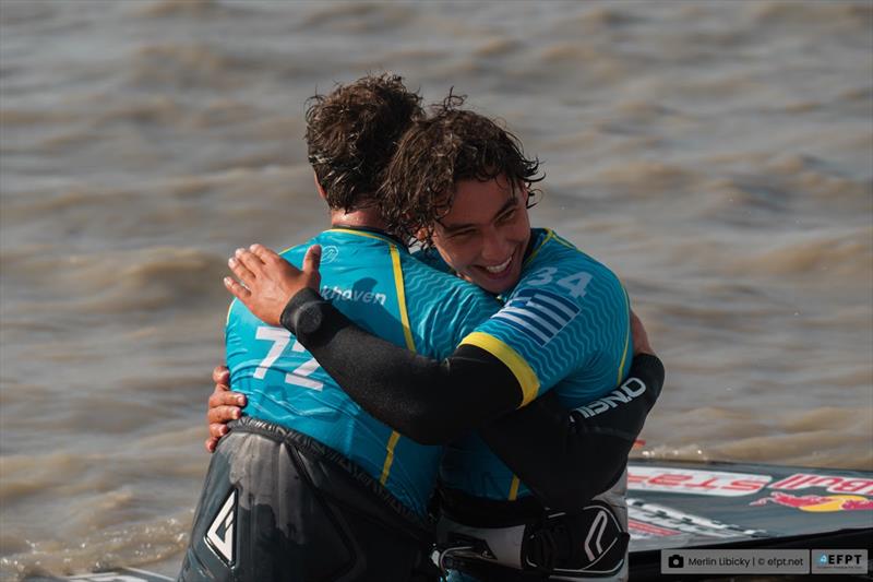 A battle of the generations. The moment Lennart Neubauer learned about his first ever event win against established tour veteran Steven Van Broeckhoven - 2023 EFPT Surf Opening in Austria - photo © Merlin Libicky / efpt.net