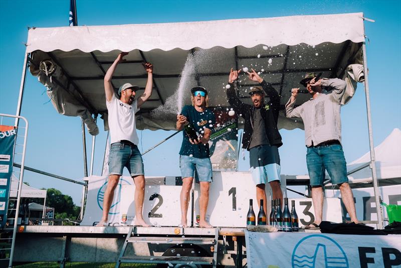 Hyped by the crowd, the 2023 Men's Podium celebrated their successes. In 1st, Yentel Caers, in 2nd Foivos Tsoupras (left) and in 3rd George Grisley (right) - photo © Freestyle Pro Tour