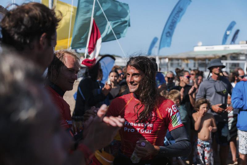 Despite his loss against Caers, Jacopo Testa was met with massive cheers and excitement from the crowd following his exit from the water after his final heat photo copyright Richard Buchner taken at  and featuring the Windsurfing class