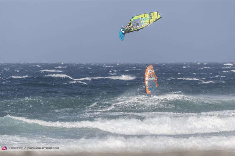 Marc Pare´ earns a perfect 10 for a radical stalled double forward on day 1 of the Gran Canaria Gloria Windsurf World Cup photo copyright John Carter taken at  and featuring the Windsurfing class