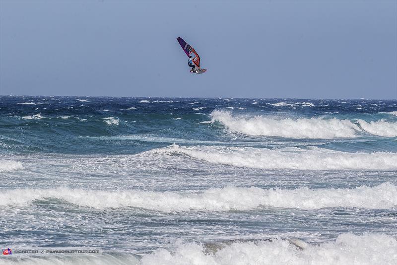 Marino Gil flying high on his way to third place in the single on day 1 of the Gran Canaria Gloria Windsurf World Cup photo copyright John Carter taken at  and featuring the Windsurfing class