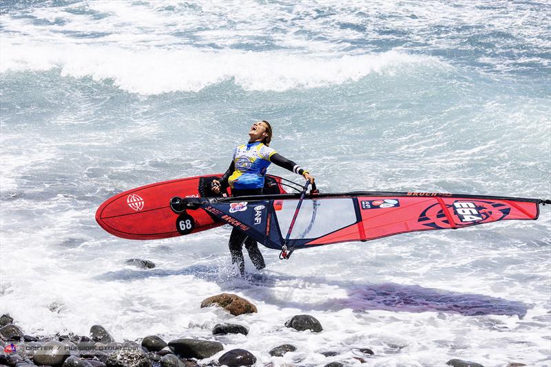 An elated Daida Moreno on day 3 of the Gran Canaria Gloria Windsurf World Cup photo copyright John Carter taken at  and featuring the Windsurfing class