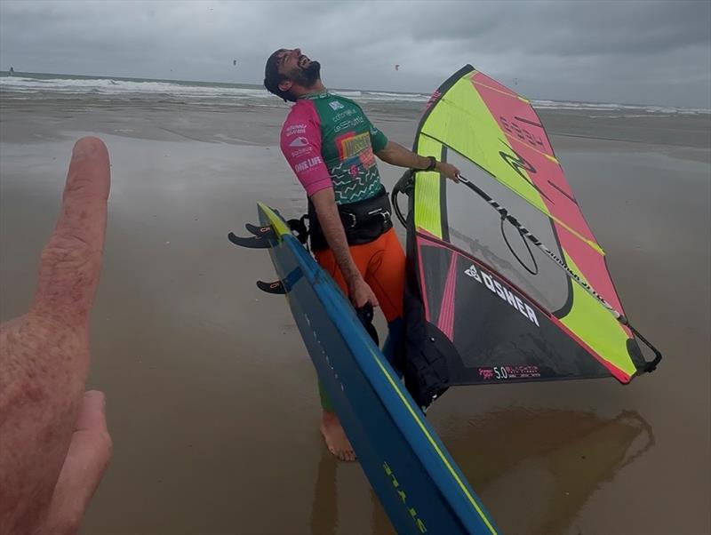 Marc Pare hearing he has won the Wissant 4-STAR World Cup and taken the lead in the world rankings photo copyright Nicolas Peltier taken at  and featuring the Windsurfing class