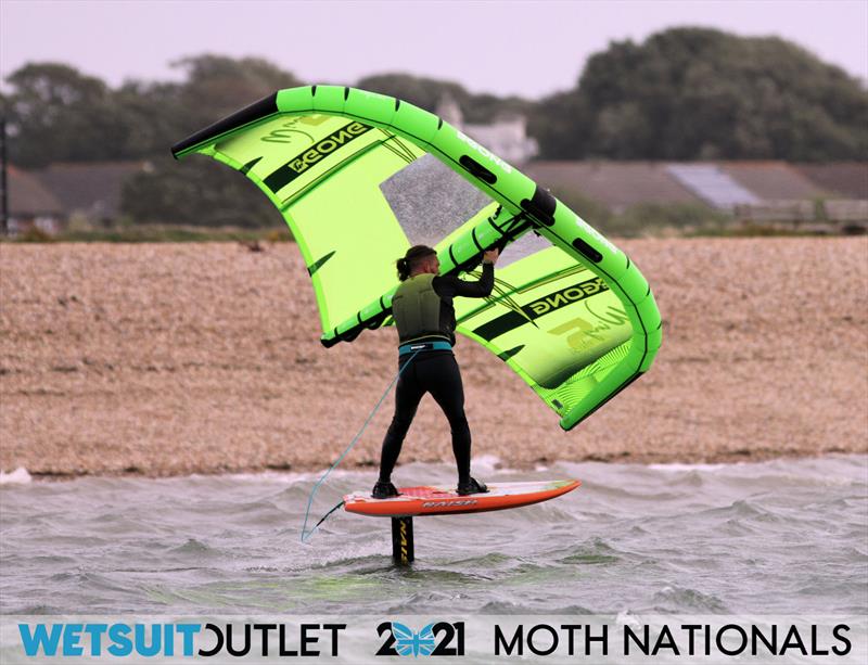 James Sainsbury back out foiling on day 2 of the Wetsuit Outlet UK Moth Nationals 2021 photo copyright Mark Jardine / IMCA UK taken at Stokes Bay Sailing Club and featuring the Wing Foil class