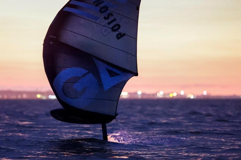 Ross Williams approaching the finish line  to become the first man in history to wingfoil the Isle of Wight photo copyright Paul Wyeth taken at Island Sailing Club, Cowes and featuring the Wing Foil class