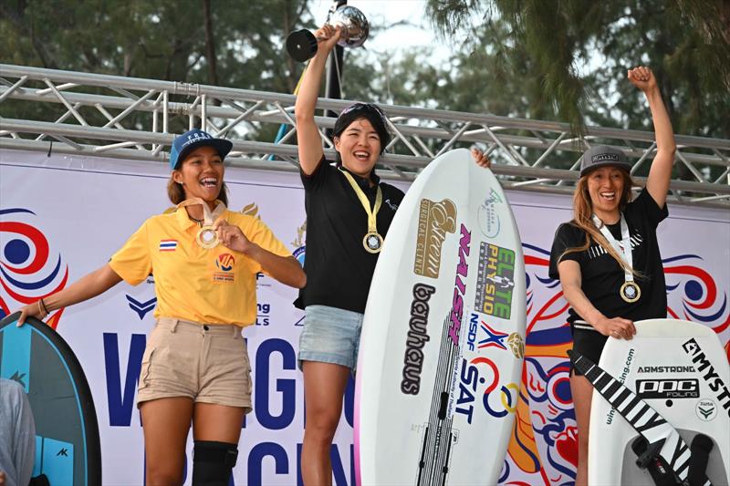 Women's podium - 2023 WingFoil Racing Asian Championships photo copyright IWSA / Techawat Songsuairoop taken at  and featuring the Wing Foil class