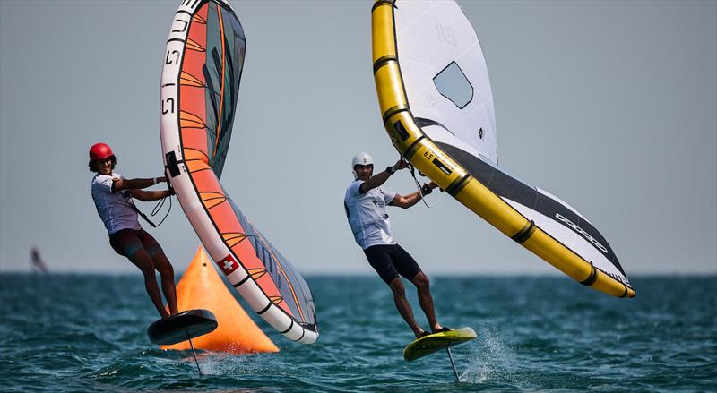 Alessandro Tomasi (left) scored three bullets in the afternoon - Ad Ports Group Wingfoil Racing World Cup Abu Dhabi, Day 2 - photo © IWSA / Robert Hajduk