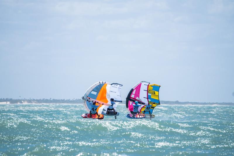 Nicolo Spanu (left) holds a marginal lead with Mathis Ghio on the right - Day 2 of WingFoil Racing World Cup Brazil photo copyright IWSA media taken at  and featuring the Wing Foil class