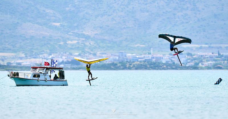 Maddalena Spanu [ITA] goes full-send at the finish after holding off Emilia Kosti's [GRE] last charge - 2025 Dogus Marine Services Formula Wing European Championships - photo © IWSA media / Robert Hajduk
