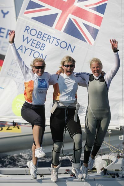 Shirley Robertson, Sarah Webb and Sarah Ayton win Gold at the Athens 2004 Olympic Regatta photo copyright Richard Langdon taken at  and featuring the Yngling class