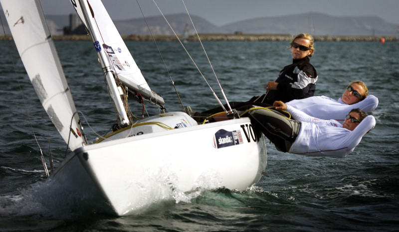 Double Olympic Gold Medalist Dame Shirley Robertson, Annie Lush and Lucy Macgregor competing in the Yngling Class, out training today ahead of the competition start photo copyright OnEdition taken at Weymouth & Portland Sailing Academy and featuring the Yngling class
