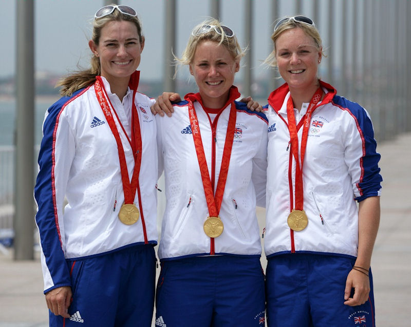 (l to r) Sarah Webb, Sarah Ayton & Pippa Wilson at Qingdao, China in 2008 photo copyright Richard Langdon / RYA taken at  and featuring the Yngling class