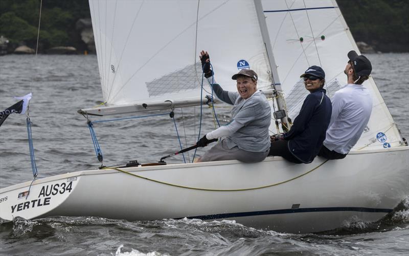 Jan Newland between races on her Yngling Yertl - Sydney Harbour Regatta photo copyright Marg Fraser-Martin taken at Middle Harbour Yacht Club and featuring the Yngling class