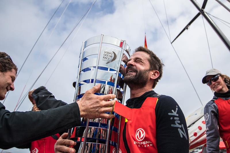 Dongfeng Race Team's Pascal Bidegorry celebrates with the Volvo Ocean Race trophy photo copyright Eloi Stichelbaut taken at  and featuring the  class